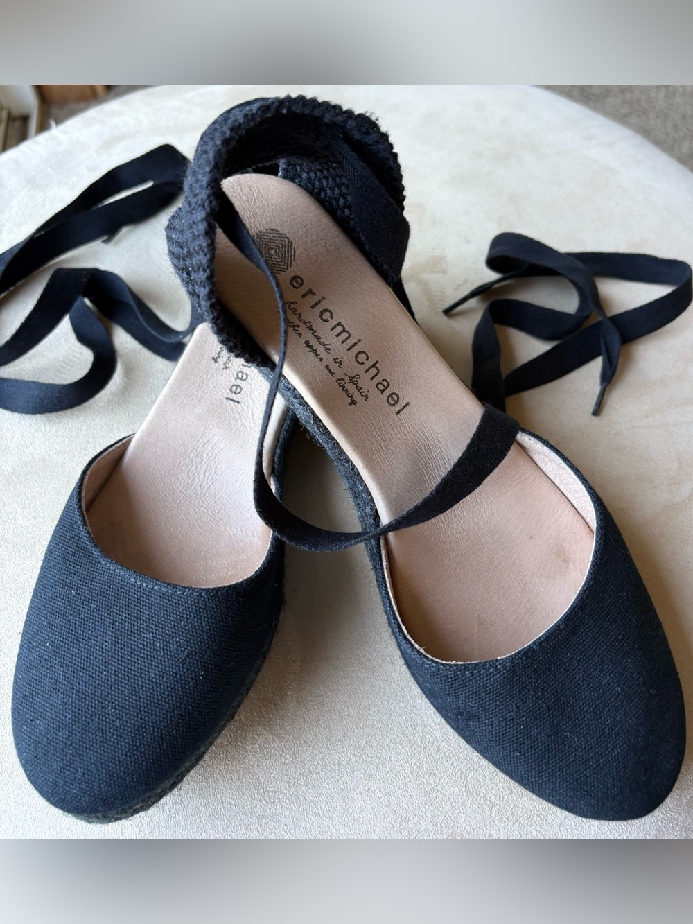 Eric Michael Black Canvas Wrap Ankle-Tie Wedge w 2” Woven Black Jute Sole (39) 8
